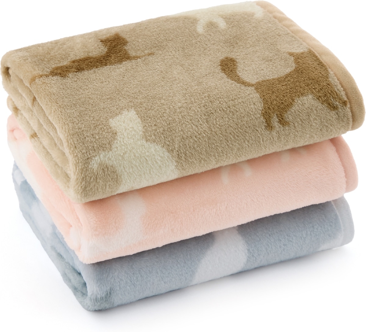 Plush cat-print pet fleece throw blankets in tan, pink and blue