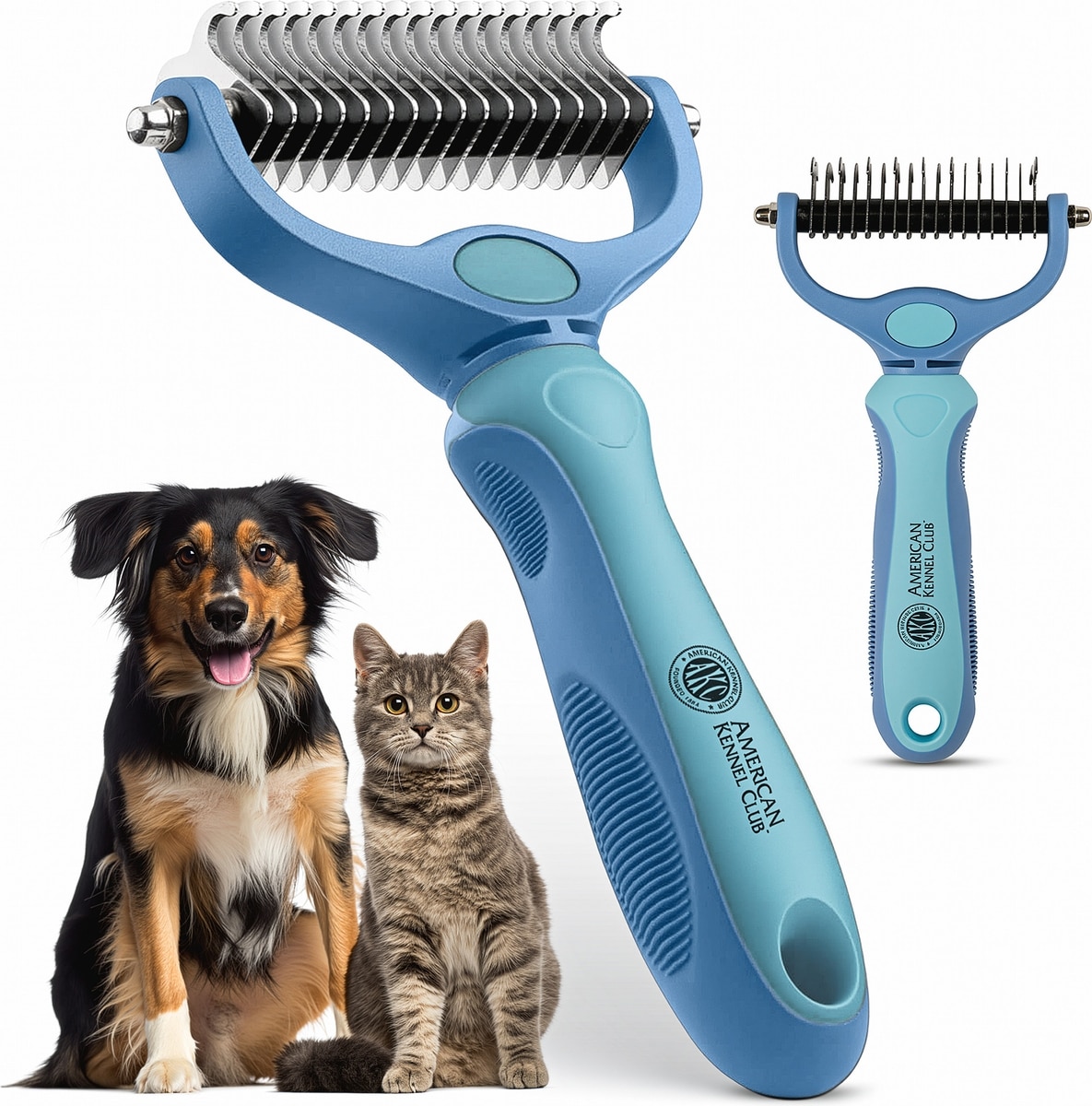 American Kennel Club 2-in-1 dematting and deshedding rake for dogs and cats